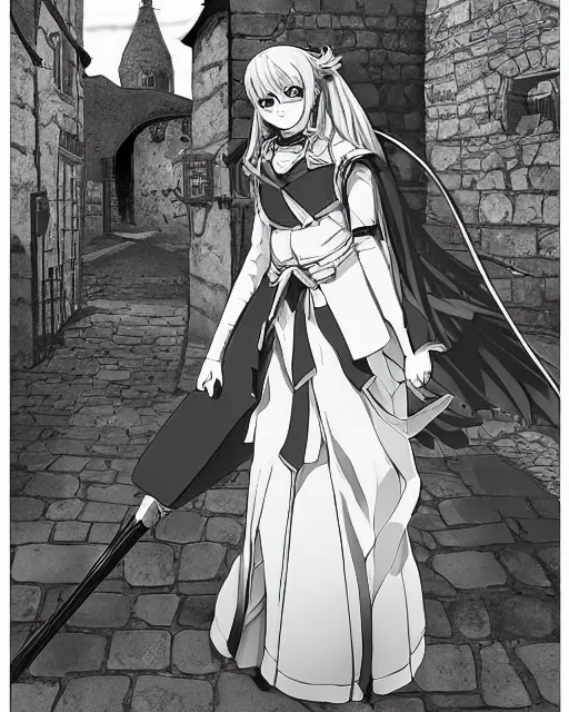 Prompt: key anime visual portrait of a young female walking through a medieval village, perfect anime face, dynamic pose, dynamic perspective, detailed silhouette, detailed, intricate