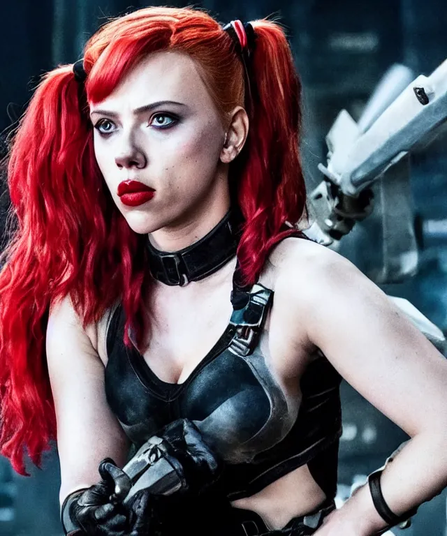 Prompt: Scarlett Johansson starring as Harley Quinn in Birds of Prey (2020 film), cinematic portrait, dark alley background