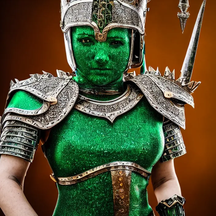 Image similar to full length photo of a beautiful warrior queen wearing emerald encrusted armour, highly detailed, 4 k, hdr, smooth, sharp focus, high resolution, award - winning photo