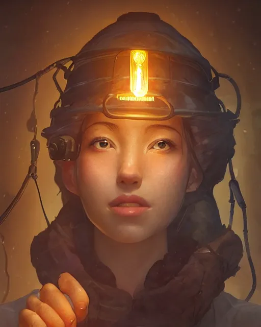 Image similar to a beautiful coalminer woman in a mine lit by kerosene lamps, pioneer work, ambient cave lighting, detailed face, by makoto shinkai, stanley artgerm lau, wlop, rossdraws