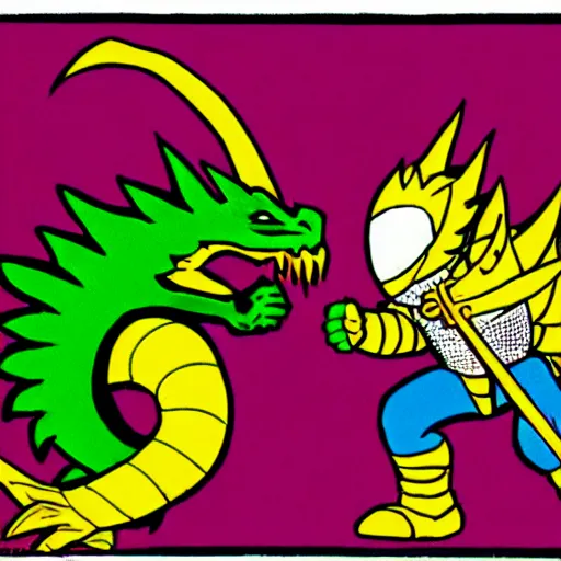 Prompt: comic book dragon fight vs knight in green car with blue armor and a gold sword