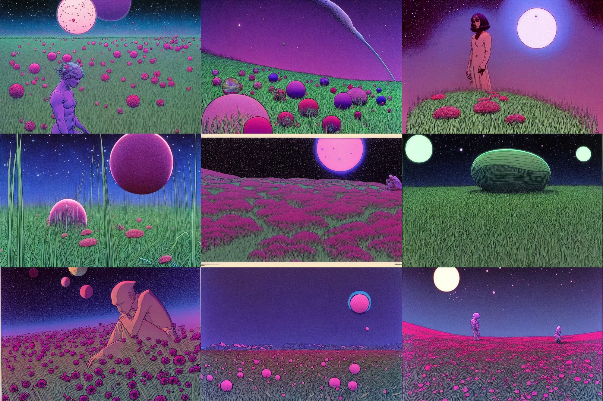 Prompt: ( ( ( ( ( beautiful spheres of grass and flowers float in the dark space ) ) ) ) ) by mœbius!!!!!!!!!!!!!!!!!!!!!!!!!!!, dark mood, overdetailed art