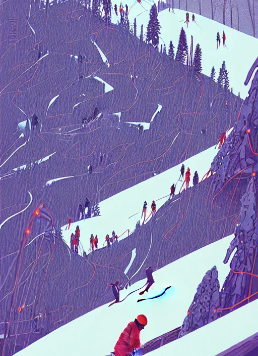 Image similar to by moebius and atey ghailan | the bottom of a ski slope with a huge pile of tangled up skiers |