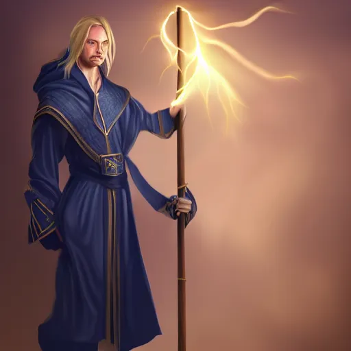 Prompt: A portrait of a young wizard with a long blonde ponytail in a navy blue robe with gold accents, in his right hand he holds a staff of light with a bright crystal, digital art, trending on artstation