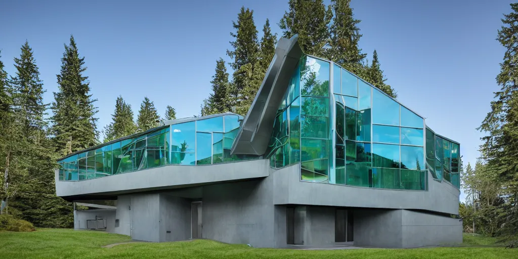 Image similar to large futuristic residence, pacific northwest, gray concrete, large blue and green windows, blue and green metal, triangular elements