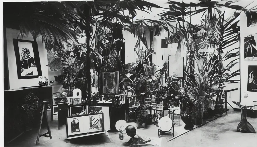 Image similar to A black and white photography of an exhibition space with objects of Sun Ra, Marcel Duchamp and tropical plants, 60s, offset lithography print, newspaper, distant shot