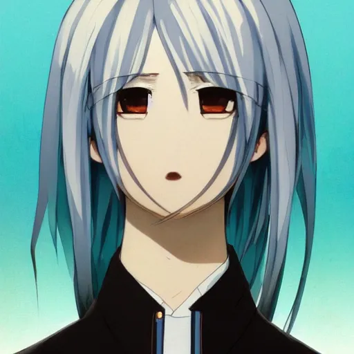 Image similar to profile shot of rimuru tempest averting his gaze, sky blue hair, straight hair, pretty, long bangs, amber eyes, all black jacket with white stripes, high collar | highly detailed, unreal engine 5, color block, digital painting, concept art, cinematic, wlop | artgerm, pixiv, greg rutkowski, ilya kuvshinov