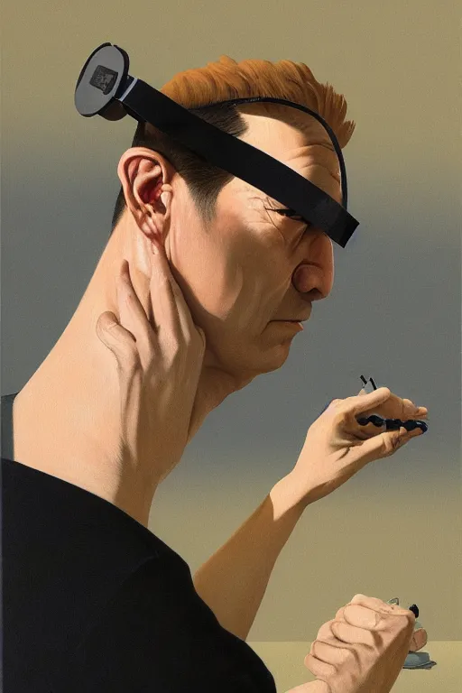 Image similar to Satoshi Nakamoto wearing oculus and bitcoin over his head Edward Hopper and James Gilleard, Zdzislaw Beksisnski, highly detailed