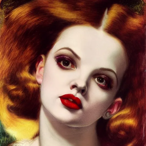 Prompt: portrait of a hybrid of judy garland and lady gaga, brown fringe, full lips, large downslanted eyes, holman hunt, john william waterhouse, kilian eng, rosetti, john everett millais, william holman hunt, 4 k