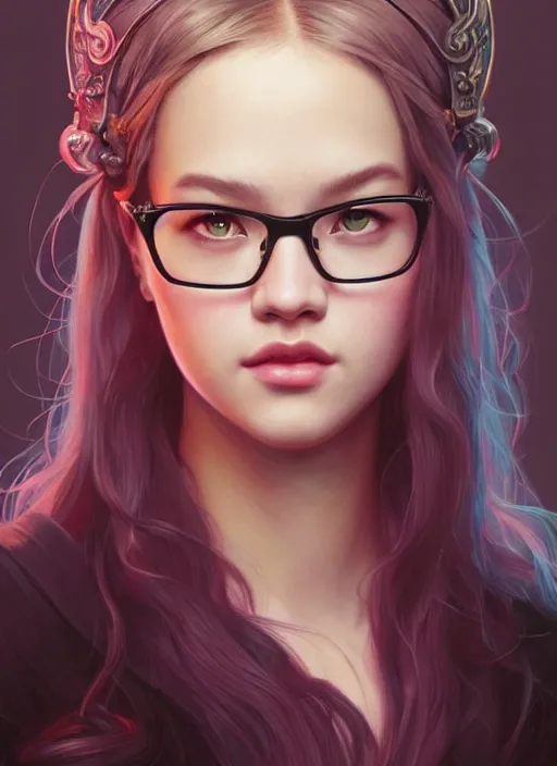 Prompt: jossi of blackpink, wearing glasses, deep focus, d & d, fantasy, intricate, elegant, highly detailed, digital painting, artstation, concept art, matte, sharp focus, illustration, hearthstone, art by artgerm and greg rutkowski and alphonse mucha