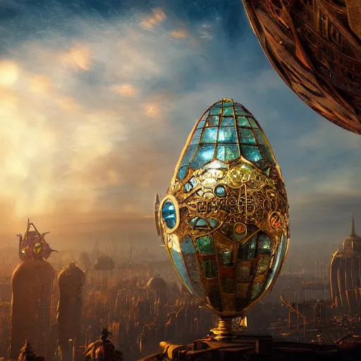 Prompt: enormous flying city faberge egg, sky, steampunk, fantasy art, unreal engine,