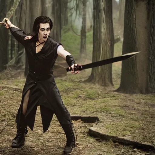 Prompt: <movie still mid-swing>Vampire swings a sword</movie>