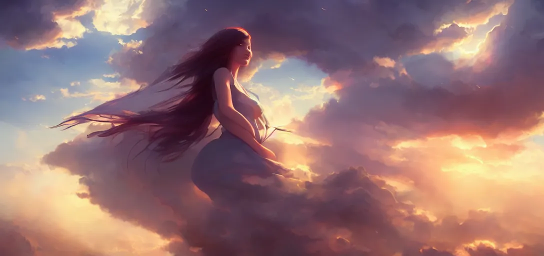 Image similar to beautiful woman angel flying peacefully, dramatic clouds, sunset, hazy, gentle, soft lighting, wojtek fus, by Makoto Shinkai and Ilya Kuvshinov,