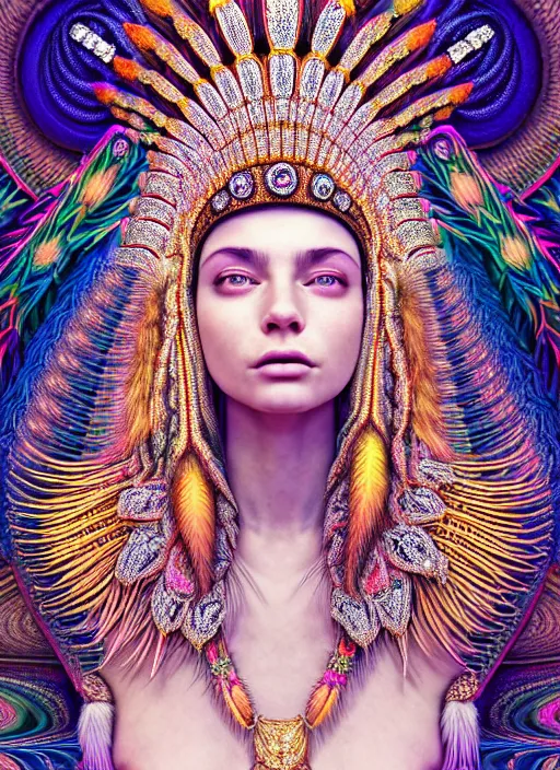 Image similar to absurdly beautiful, fashionable young woman with clear white skin, wearing a headdress made from diamonds and gold, in the fourth dimension, psychedellic, ayahausca, tryptamine, hyperdetailed illustration by irakli nadar and alexandre ferra, intricate linework, unreal engine 5 highly rendered, global illumination, radiant light, detailed and intricate environment