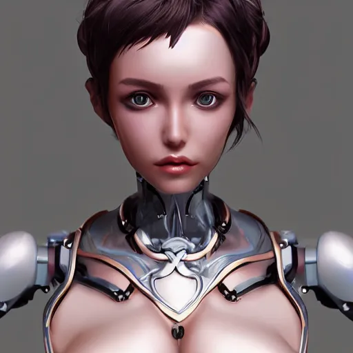 Image similar to womanized humanoid robot, pretty face, anatomically correct, league of legends art by vonka xu, unreal engine, digital art, highly detailed