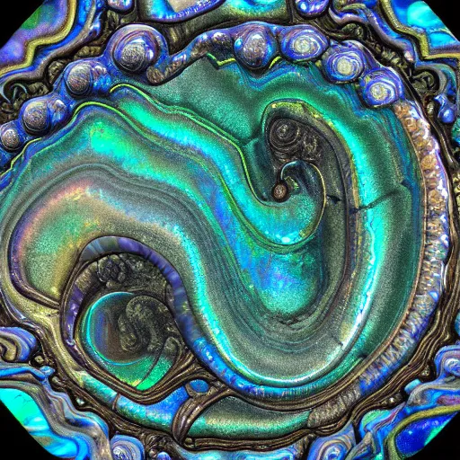 Prompt: Art Nouveau cresting oil slick waves, hyperdetailed bubbles in a shiny iridescent oil slick wave, black opal, abalone, paua shell, ornate copper patina medieval ornament, rococo, oganic rippling spirals, octane render, 8k 3D