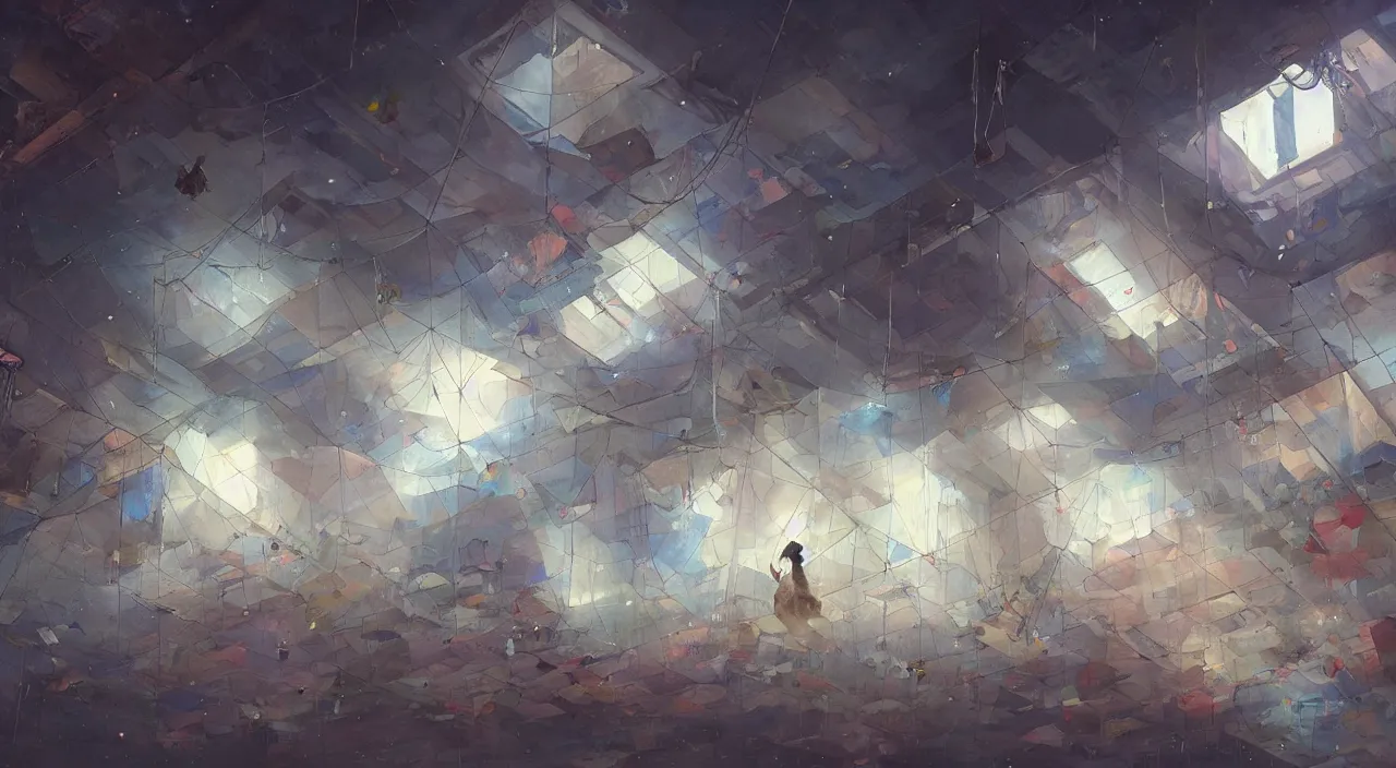 Image similar to tarps hanging from the ceiling making art and hexagons in space being caught with large walls coming from the ground in a museum, painters, magnificent, close up, details, sharp focus, elegant, highly detailed, illustration, by Jordan Grimmer and greg rutkowski and PiNe(パイネ) and 薯子Imoko and 香川悠作 and wlop and maya takamura, intricate, beautiful, Trending artstation, pixiv, digital Art