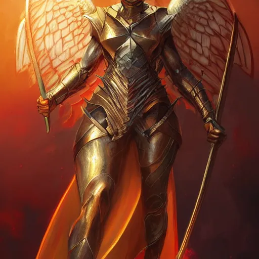 Prompt: archangel of wrath, full-body portrait, D&D, fantasy, portrait, highly detailed, digital painting, artstation, concept art, sharp focus, illustration, art by artgerm and greg rutkowski and magali villeneuve, red white and gold color scheme