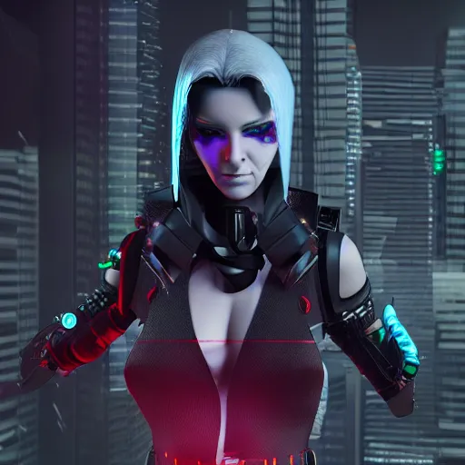 Image similar to female cyberpunk rogue, 4 k render, concept art, octane render