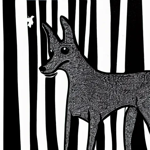 Image similar to minimalist linocut, black and white, greyhound in a forest