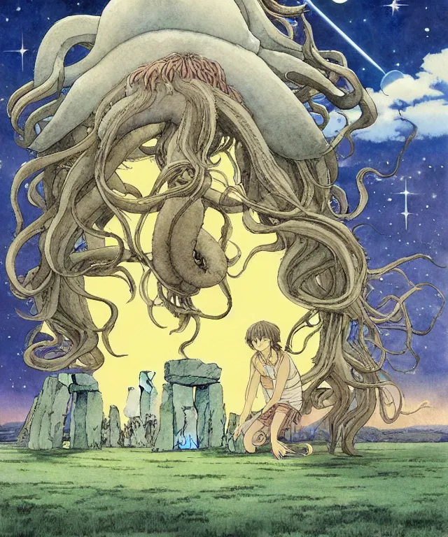 Image similar to a hyperrealist studio ghibli watercolor fantasy concept art. in the foreground is a giant long haired grey squid sitting in lotus position on top of stonehenge with shooting stars all over the sky in the background. by rebecca guay, michael kaluta, charles vess