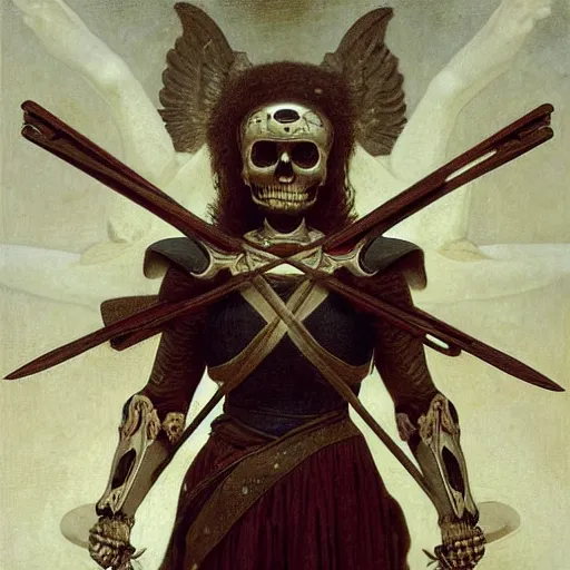 Image similar to portrait of a fully armed skeleton archer with big sword, wearing helmets and armor with wings, symmetrical, solemn, sacred, aura, by bouguereau h 7 6 8