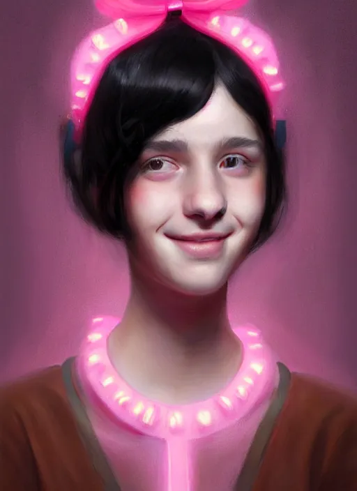 Image similar to portrait of teenage girl, realistic, black hair, bangs, half updo hairstyle, pointy nose, skinny, smile, ugly, defined jawline, big chin, pink hair bow, earrings, intricate, elegant, glowing lights, highly detailed, digital painting, artstation, sharp focus, illustration, art by wlop, mars ravelo and greg rutkowski