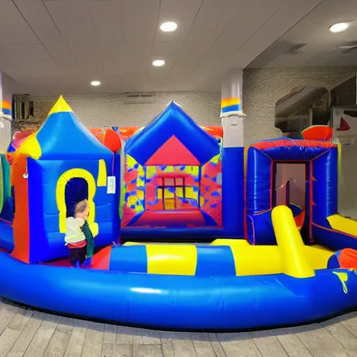 Image similar to a darkly lit indoor children's bounce house photo taken with a deposable camera limital space