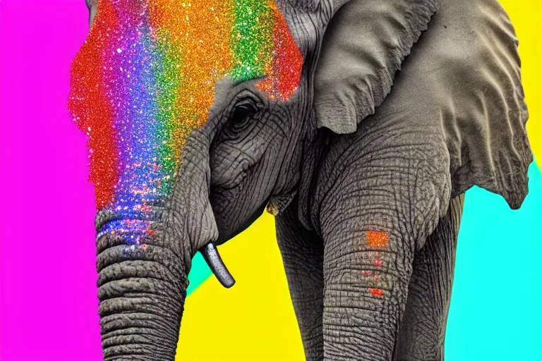 Prompt: an photorealistic picture of an elephant that farts glitter in the colors of the rainbow