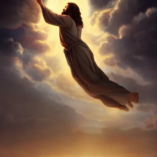 Image similar to Jesus ascending into heaven, beautiful landscape, dramatic lighting, cinematic, establishing shot, extremly high detail, cinematic lighting, post processed, concept art, artstation, matte painting, style by Michelangelo