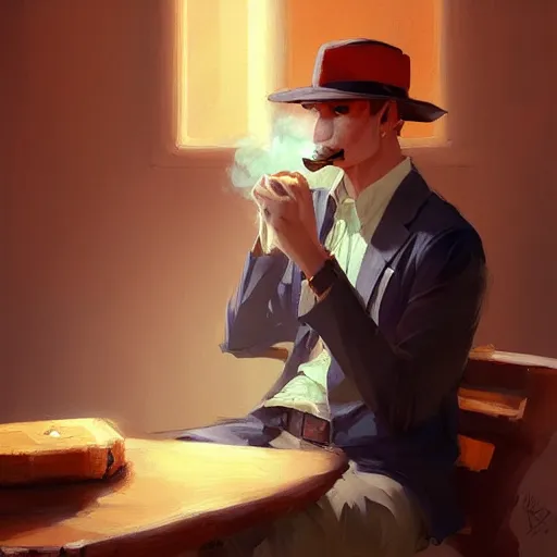 Prompt: a painting of a capybara smoking a cuban cigar while a fedora sitting in a secret base by Krenz Cushart, high detail, concept art, artstation, 8k