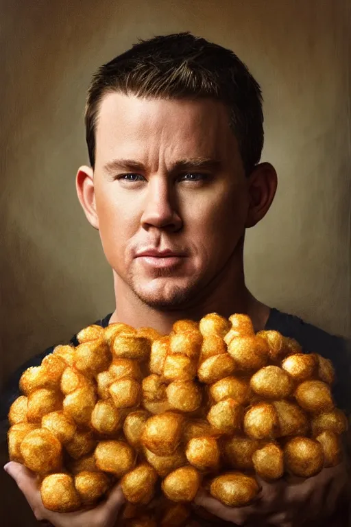 Image similar to channing tatum in a tater tot costume, oil on canvas, intricate, portrait, 8 k highly professionally detailed, hdr, cgsociety