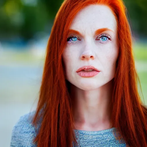 Prompt: close up photo of the left side of the face of a redhead woman with blue eyes who looks directly at the camera. Slightly open mouth, with a park visible in the background. 135mm nikon. Intricate. Very detailed 8k. Sharp. Cinematic post-processing.