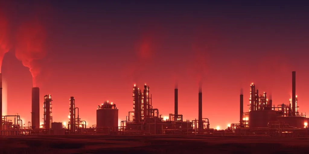 Image similar to chemical plant at night, smokestacks with plumes of fire, red glow in the horizon, ray tracing, refractive, award winning, trending on artstation, digital art. highly detailed 8 k. intricate