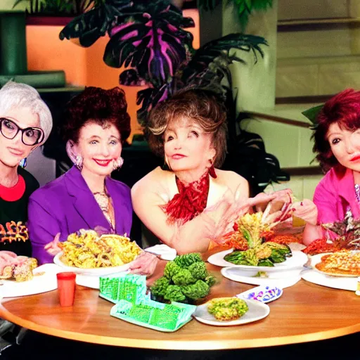 Prompt: Iguana Golden Girls cannabis mukbang with guests Japanese game show 1996 divx rip