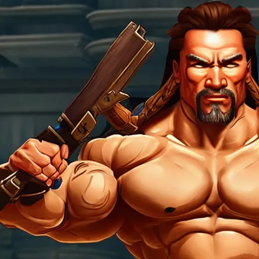 Image similar to a screenshot of arnold schwarzenegger as hanzo in overwatch