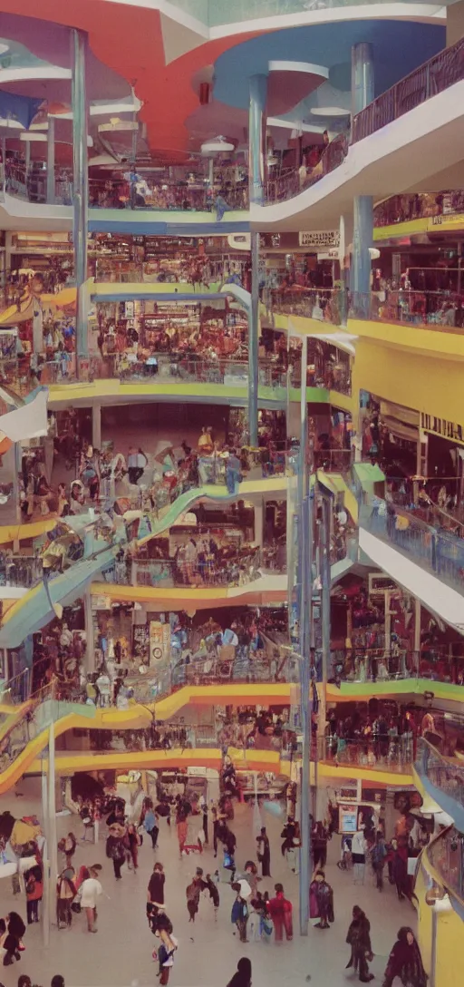 Image similar to the interior of a colorful 1 9 8 0 s mall packed with mall - goers