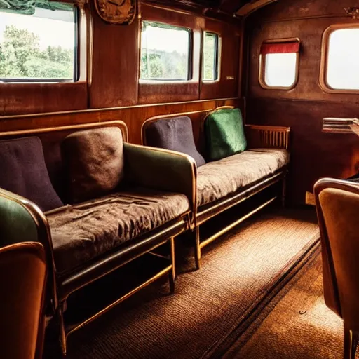 Prompt: photograph of cozy private train cabin, plush chairs, god rays through windows, art deco, brass fixtures, rich wooden table, craftsman, lush houseplants warm light wide angle