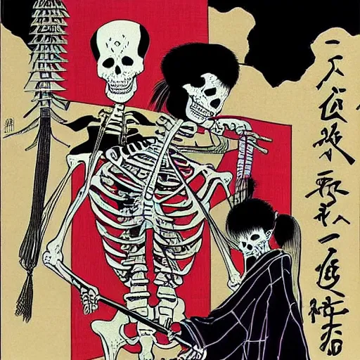 Image similar to portrait of a skeleton samurai and his beautiful Japanese wife by Toshio Saeki, high detailed