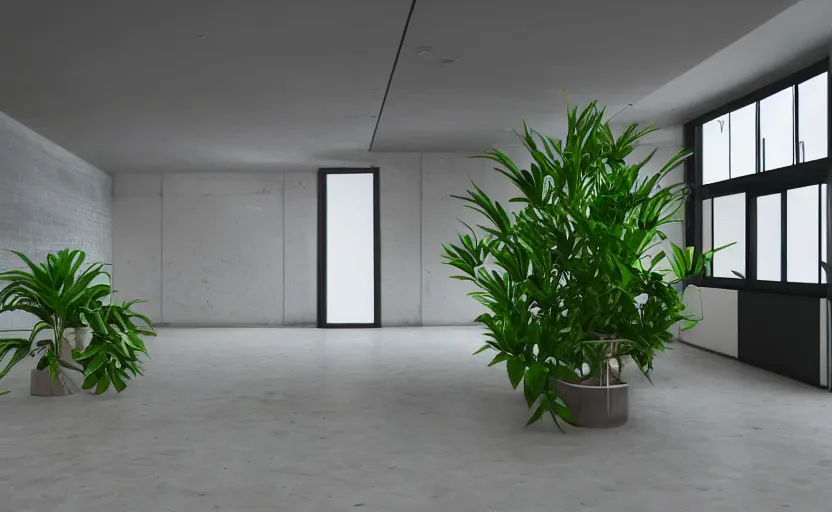 Image similar to empty room, a staircase, big widescren tv screen in the middle, indoor plants, open shiny floor, v - ray render, high contras