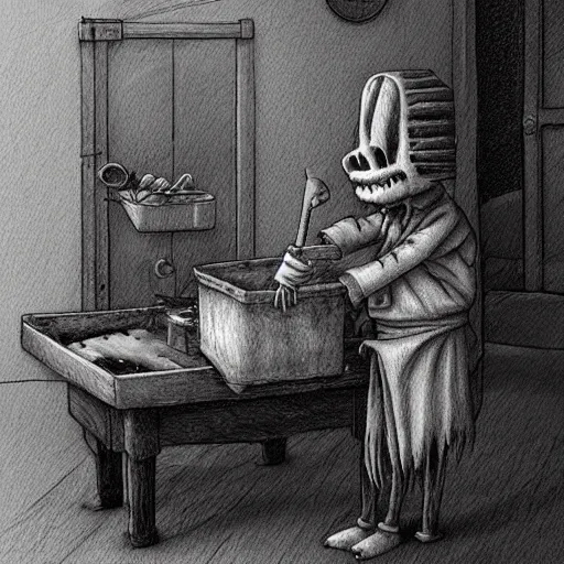 Prompt: a creepy butcher in the style of John Kenn Mortensen , realistic painting, high definition, digital art, matte painting, very detailed, realistic