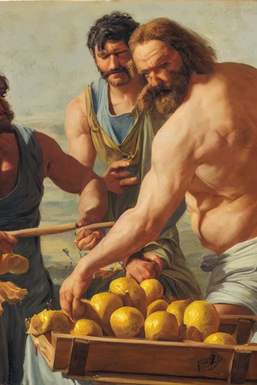 Image similar to a hyperrealistic portrait of two cavemen performing surgery on a crate of lemons with tools made of bubblegum , 8k