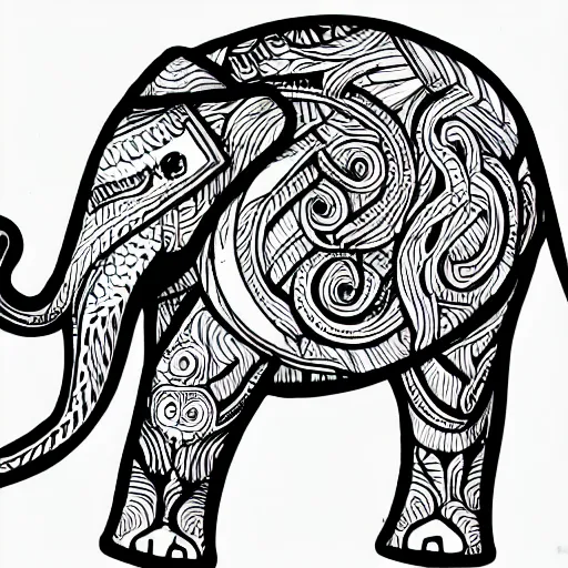 Prompt: an anthropomorphic elephant with its two ears and trunk, colouring - in sheet, character art, sharp focus, highly detailed, artstation