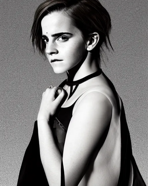 Prompt: emma watson wearing a futuristic metal kimono, half body portrait, greg kutkowski, sharp details, subsurface scattering, pale skin, warm lighting