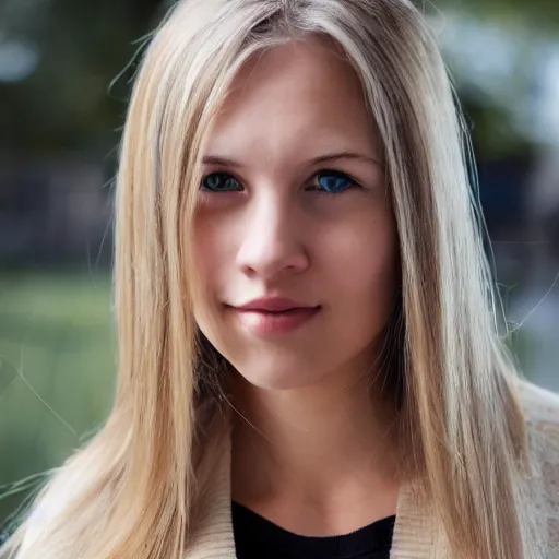 Prompt: female nursing student, dirty blonde with highlights, neck length hair, big nose, pretty, wearing a cardigan