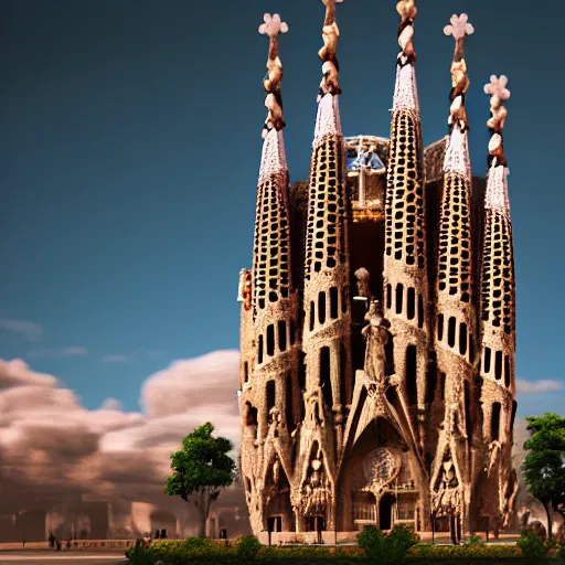 Image similar to finished version of sagrada familia by Gaudí, 4k, unreal engine, light particles, artstation