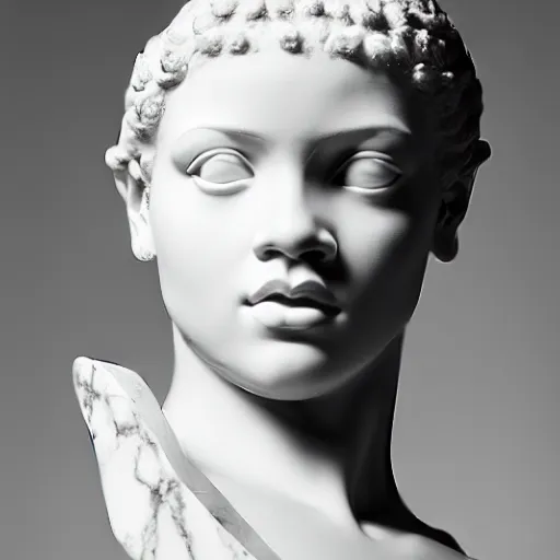 Image similar to rihanna portrait, ancient greek sculpture, white marble, ultra realistic, studio photo, 5 0 mm, bokeh.