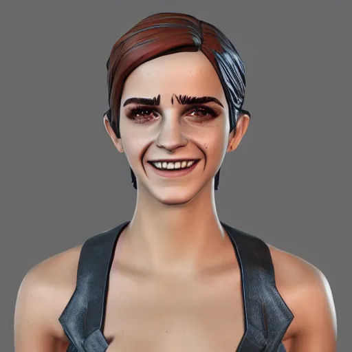 Image similar to textured film grain eye shadow smoky eyes subsurface scattering fashion model face smiling laughing squinting emma watson as a fortnite character cgsociety octane render unreal engine redshift render trending on artstation trending on artstation render blender behance cg superhero