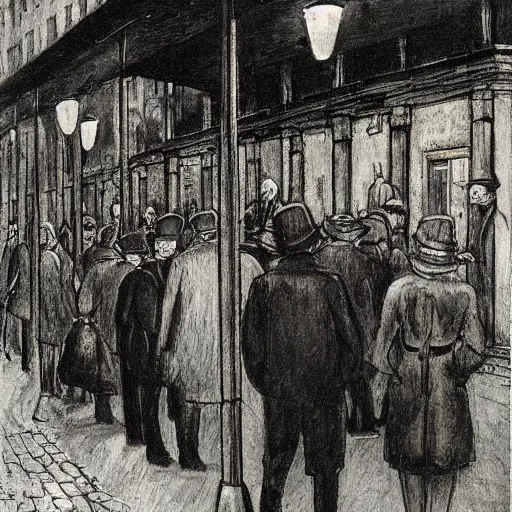 Prompt: a some people waiting in a lone bus stop in quiet dark city night, high quality, high resolution,detailed, by otto dix