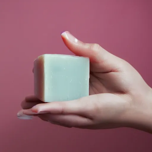 Prompt: a hand holding up a hand made scented bar of soap with a ribbon around it, soap shop in the background, studio advertising photography